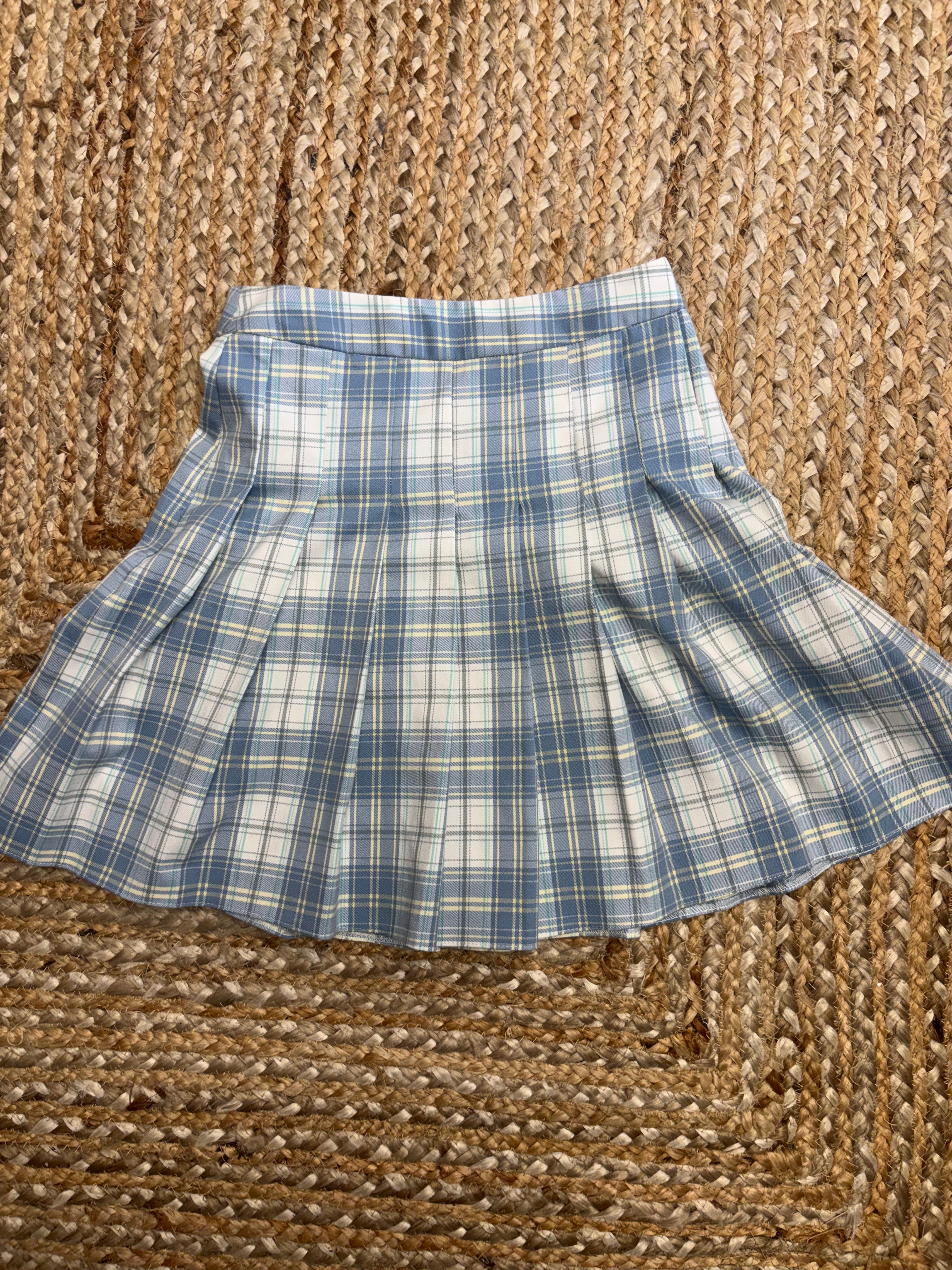 Blue Plaid Pleated Mini Skirt - High Waisted - UK 6