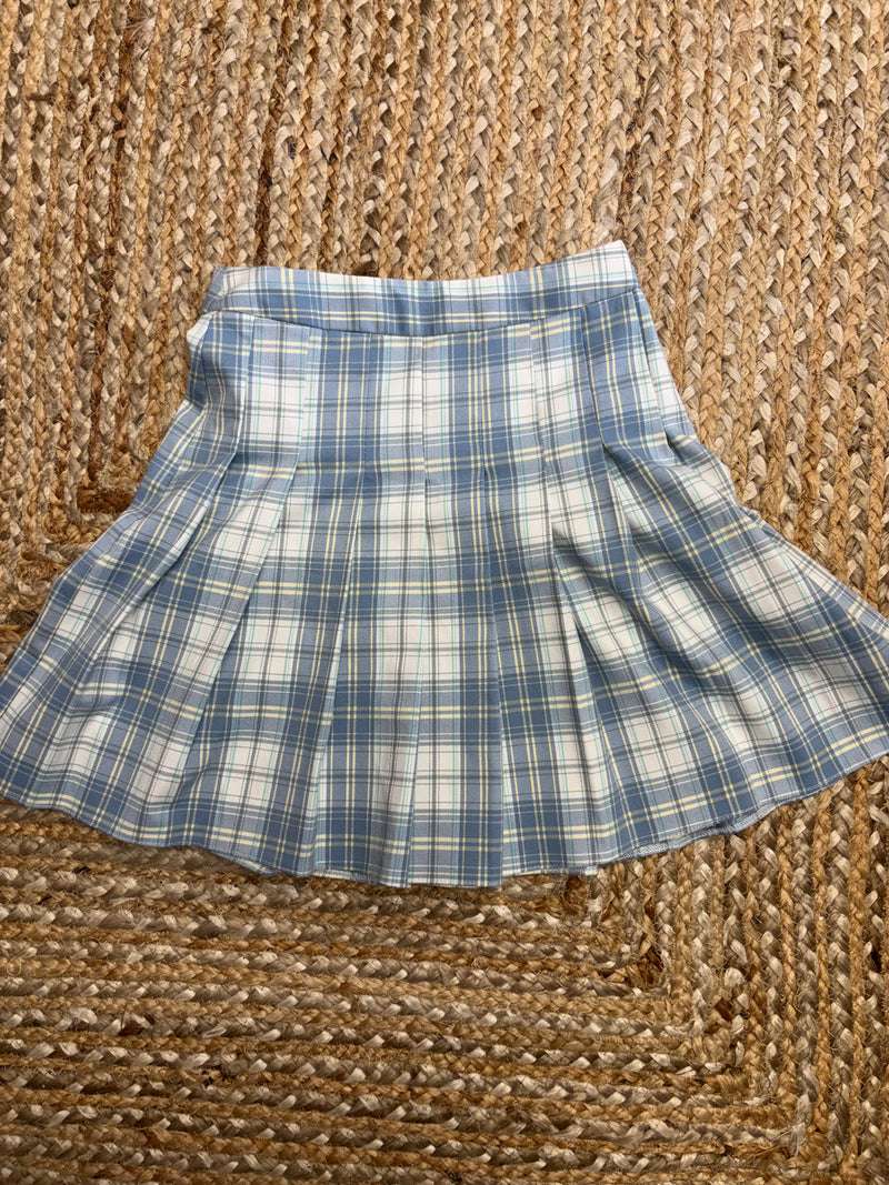 Blue Plaid Pleated Mini Skirt - High Waisted - UK 6